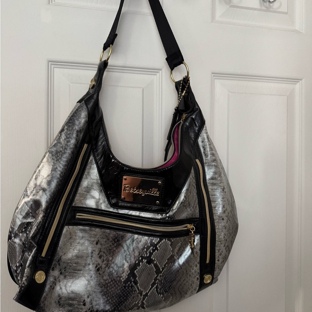 Betsey Johnson Black and Silver Snake Print Hobo Bag